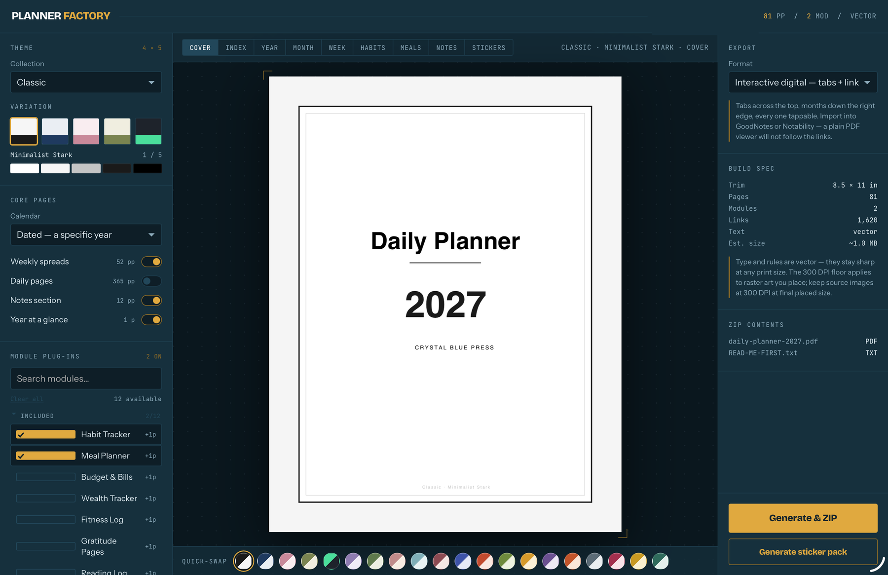 The Planner Factory dashboard: theme controls on the left, live preview in the centre, export panel on the right